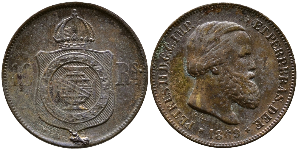 Бразилия 10 реалов (рейсов) 1869 Брюссель, Педро II KM 473 бронза     4387-727