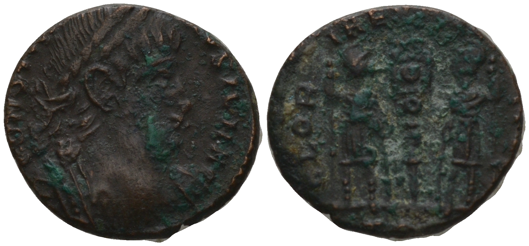 Римская Империя нуммий 336 Константин II, бюст императора, CONSTANTINVS IVN N C / два легионера, GLORIA EXERCITVS, Арелат (rare) RIC 395 биллон 1073-14-74