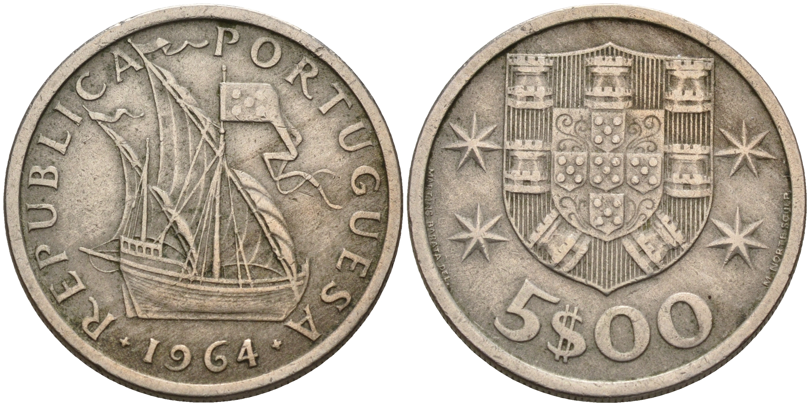 Португалия 5 эскудо 1964 парусник KM 591 медно-никель    4153-142