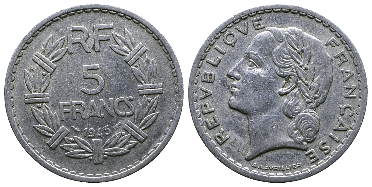 Франция 5 франков 1945 KM 888b.1, Le Franc 339.3 алюминий 4364-4323
