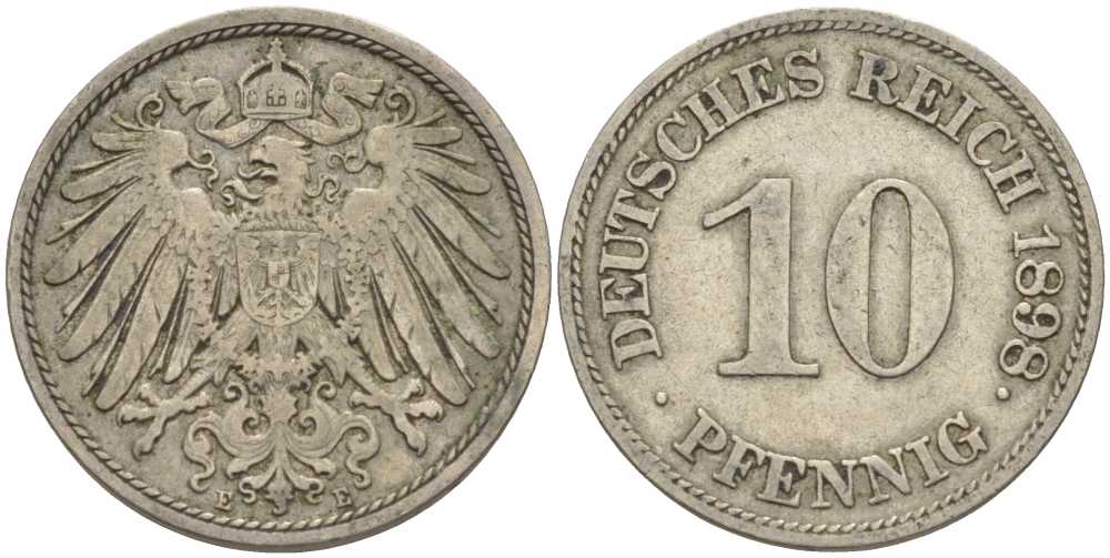 ГЕРМАНИЯ 10 ПФЕННИГОВ 1898 E KM 12, J. 13 медно-никель 4401-1036