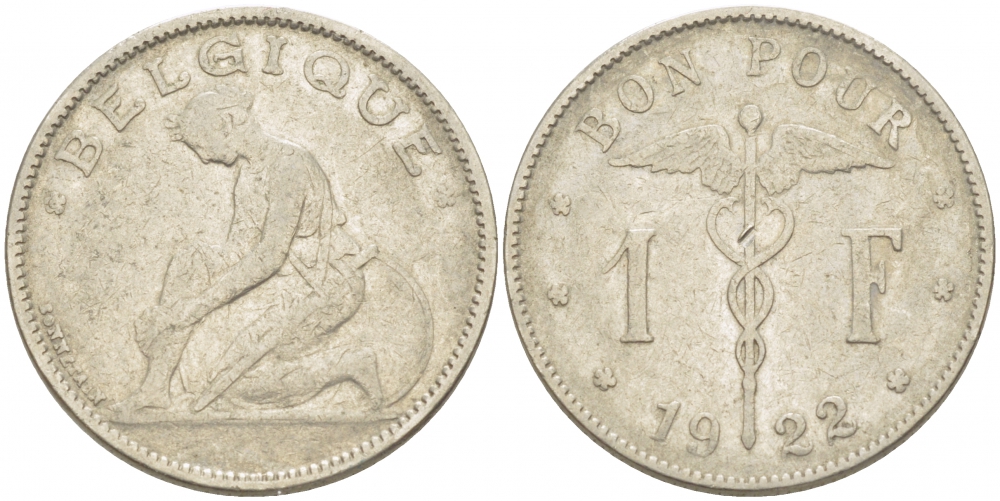 Бельгия 1 франк 1922 Belgique, Альберт I (1910-1934) KM 89 никель 261-1244