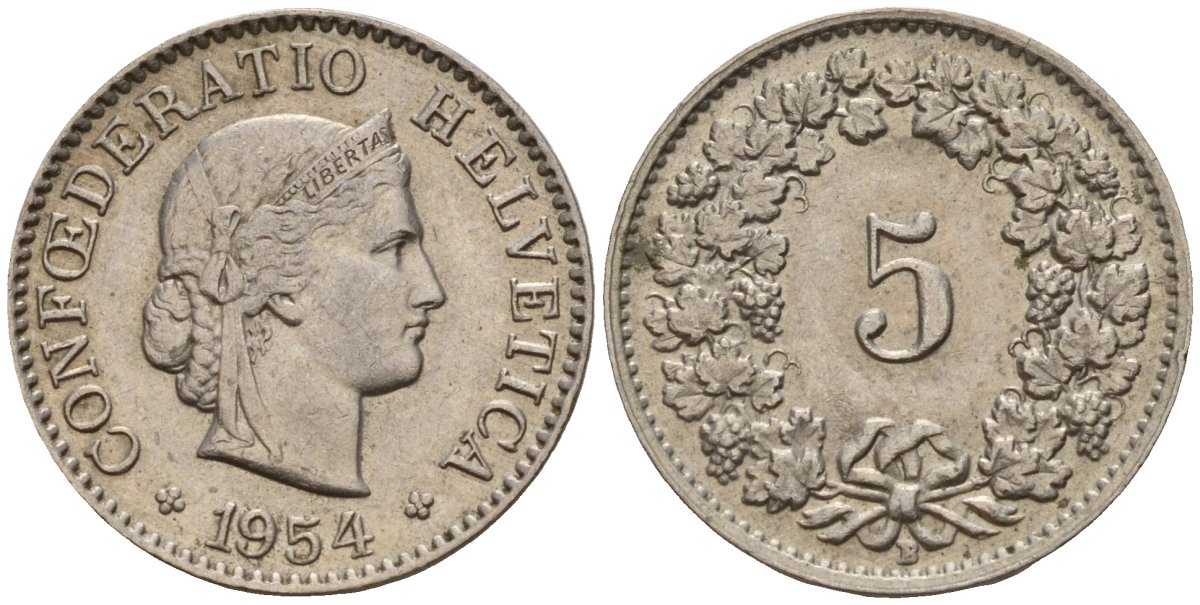 Швейцария 5 раппенов 1954 B KM 26 медно-никель 4189-327