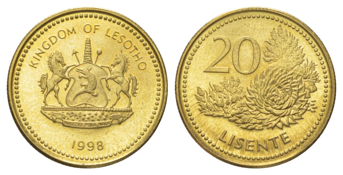 Лесото 20 лисенте 1998 KM 64 сталь плакированная латунью UNC 4617-443