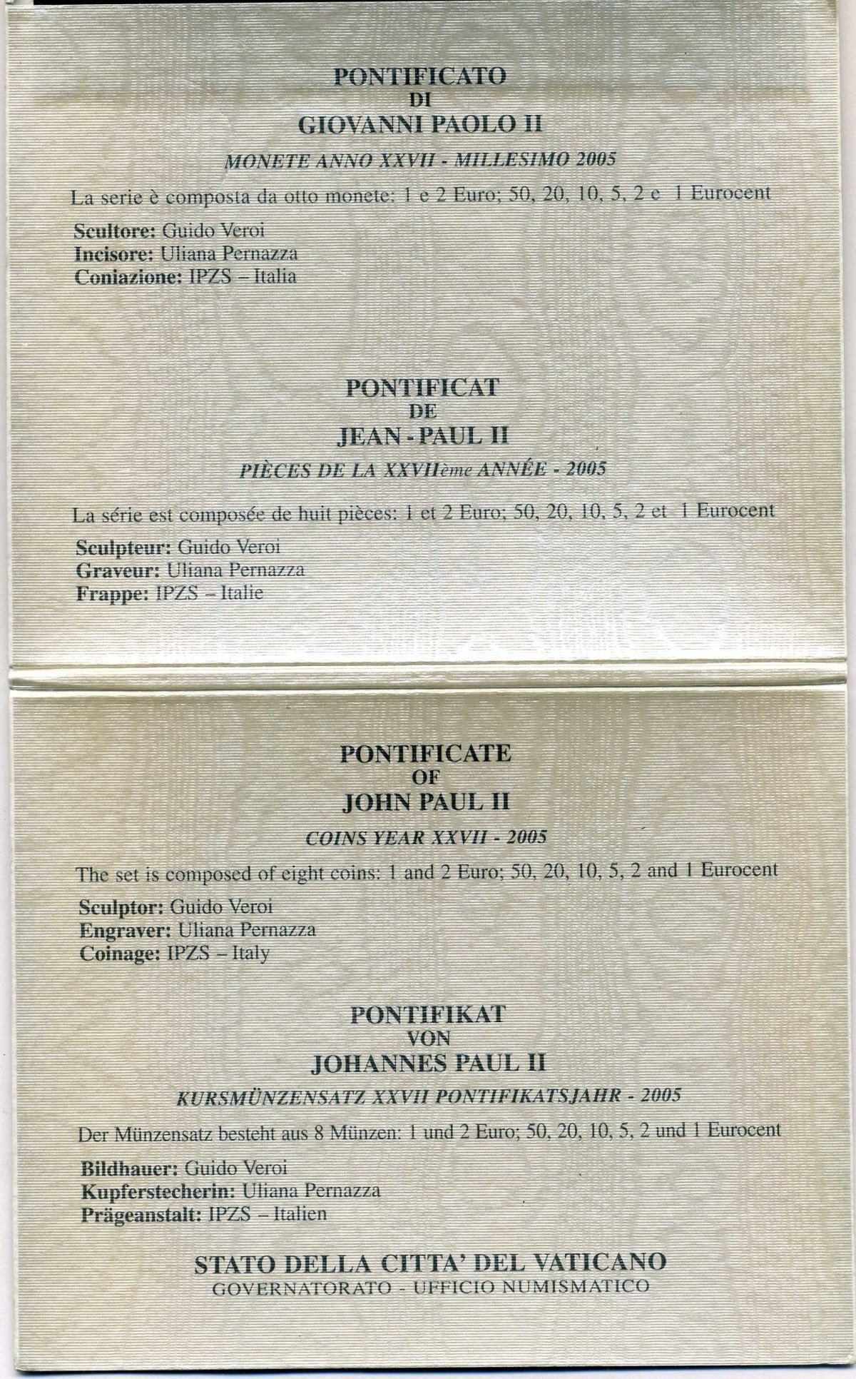 Ватикан евронабор из 8 монет 2005 Папа Иоанн Павел II, в оригинальном буклете KM MS 111 биметалл UNC 7-1-1-11