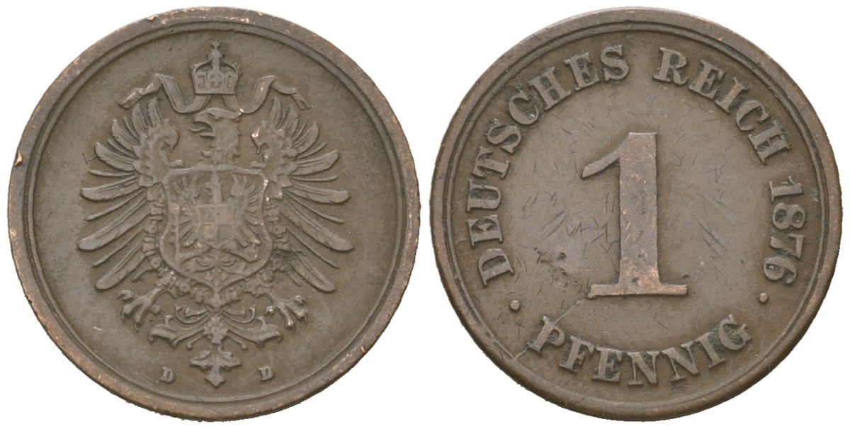 Германия 1 пфенниг 1876 D, Вильгельм I (1871-1888) KM 1, J. 1 медь 4615-712