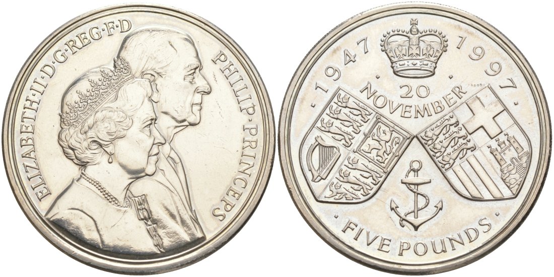 Великобритания 5 фунтов 1997 Елизавета II (1952-2022), 50 лет свадьбы Елизаветы и Филлипа, Золотая свадьба королевы KM 977, Spink 4304 (L4) медно-никель UNC 00-00-00