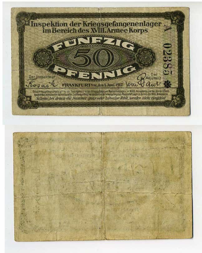 Германия 50 пфеннигов 1917 инспекция лагерей военнопленных в Франкфурте на Майне, XVIII-ий Армейский корпус, июнь C-2957 бумага 504-83-1-2