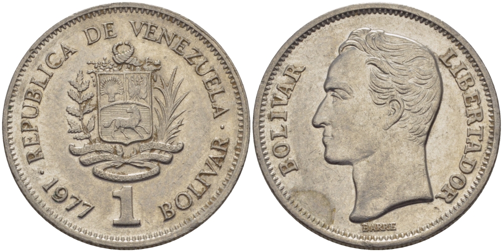 Венесуэла 1 боливар 1977 Симон Боливар KM 52 никель 31-536
