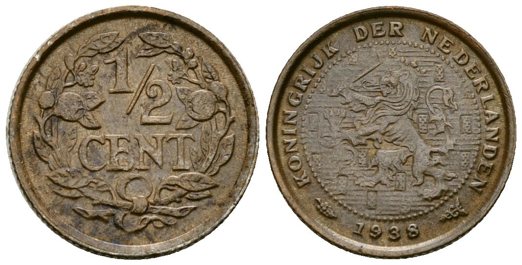 Нидерланды 1/2 цента 1938 Королева Вильгельмина (1890 - 1948) KM 138 бронза 4582-1113