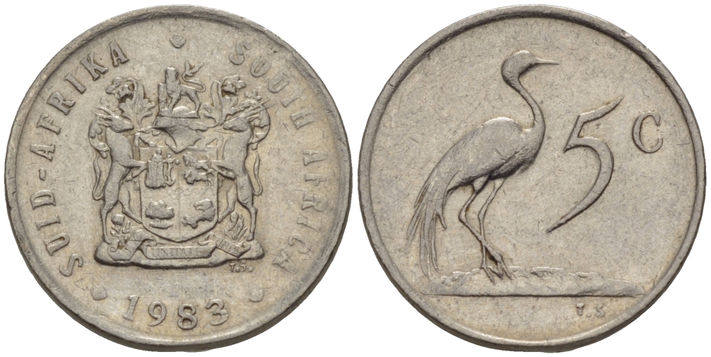 ЮАР 5 центов 1983 герб, райский журавль KM 84 никель 66-335