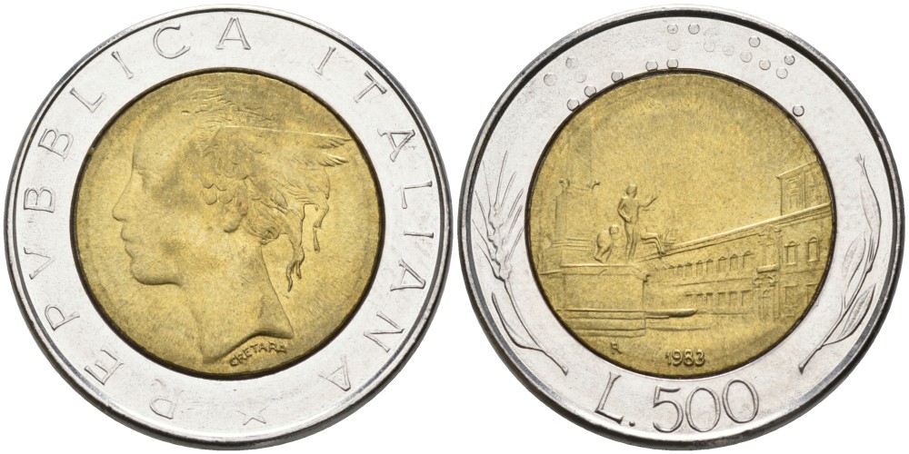 Италия 500 лир 1983 R KM 111 биметалл UNC 76-1027