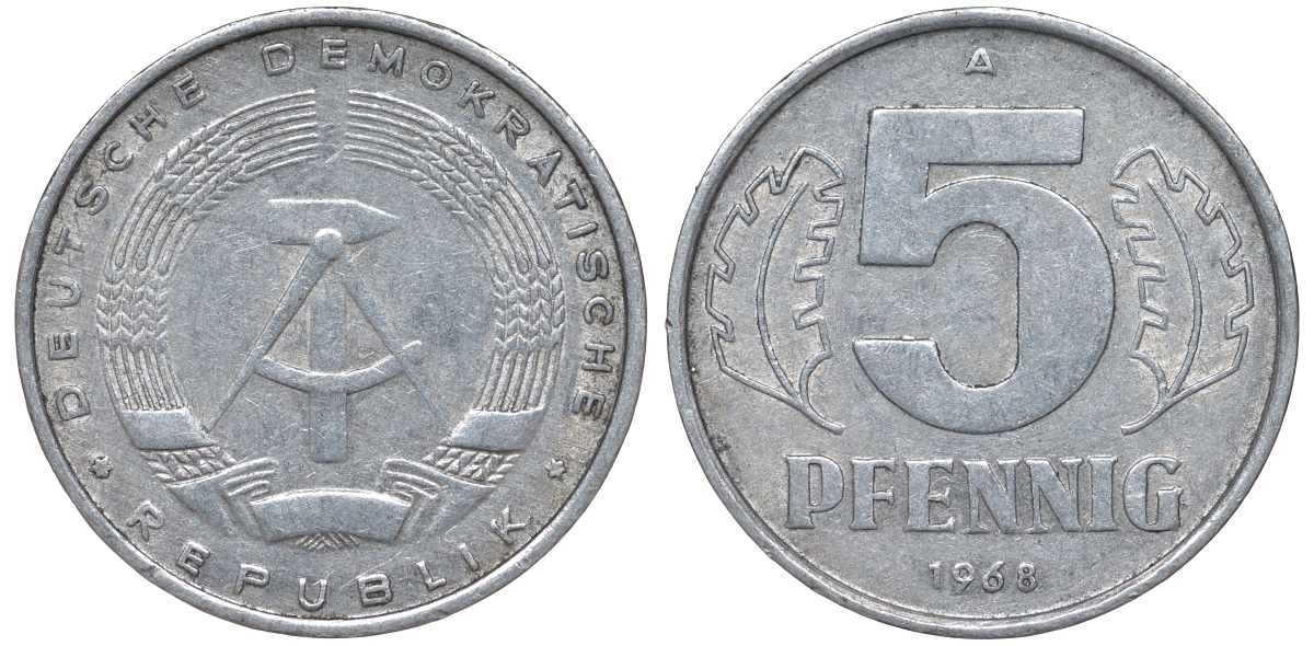 ГДР 5 ПФЕННИГОВ 1968 A KM 9.1 алюминий 62-141