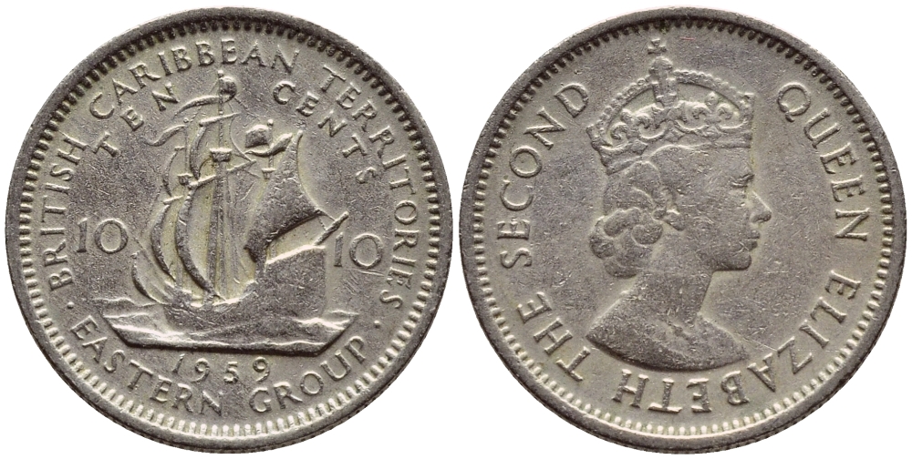 Британские Восточно-Карибские территории 10 центов 1959 Елизавета II (1952-2022), парусник KM 5 медно-никель 4387-563