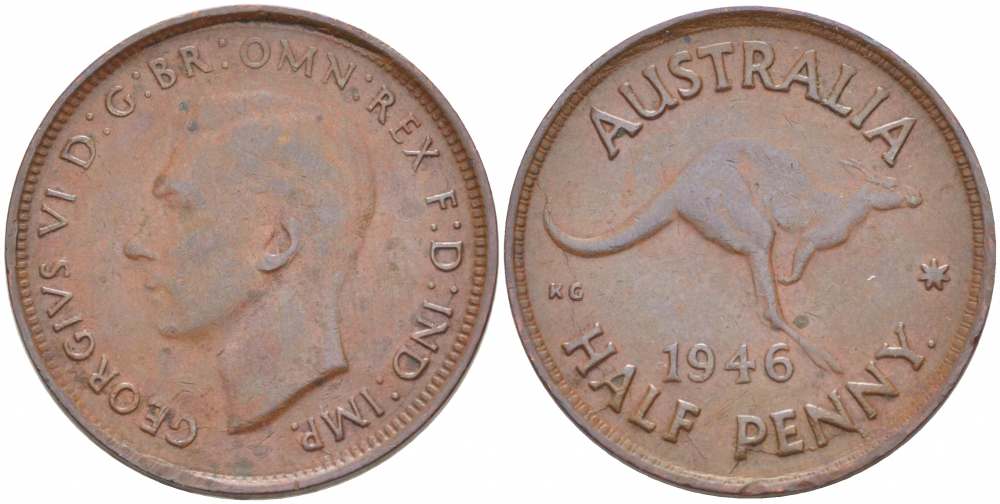 АВСТРАЛИЯ 1/2 ПЕННИ 1946 КЕНГУРУ KM 41 бронза 77-231