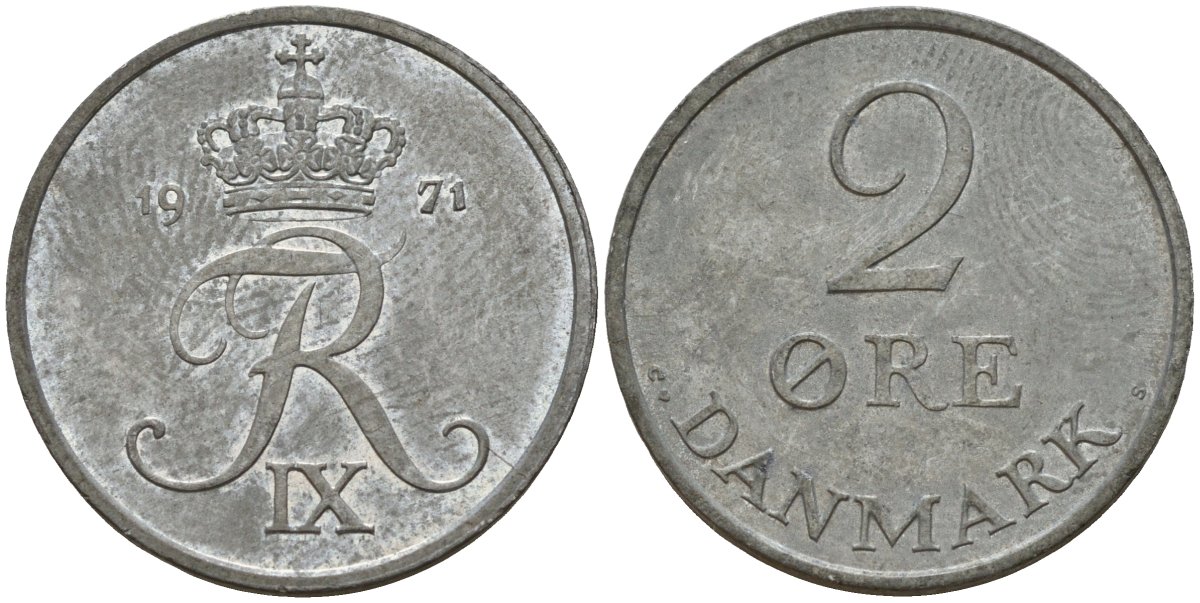 Дания 2 эре 1971 C; S, Фредерик IX (1947-1972) KM 840.2 цинк 4187-1146