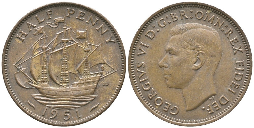 Великобритания 1/2 пенни 1951 Георг VI (1936-1952) KM 868, Spink 4118 бронза 34-227