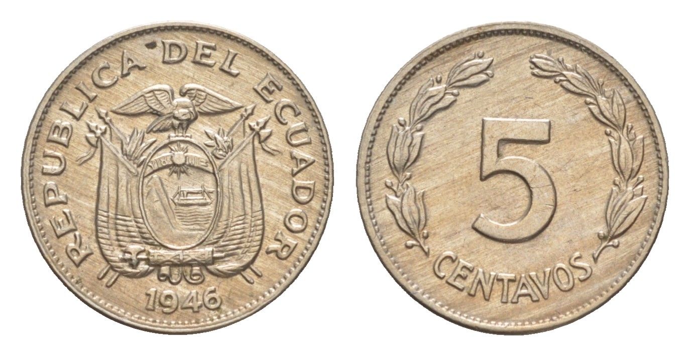 Эквадор 5 сентаво 1946 KM 75b медно-никель aUNC 4640-1121