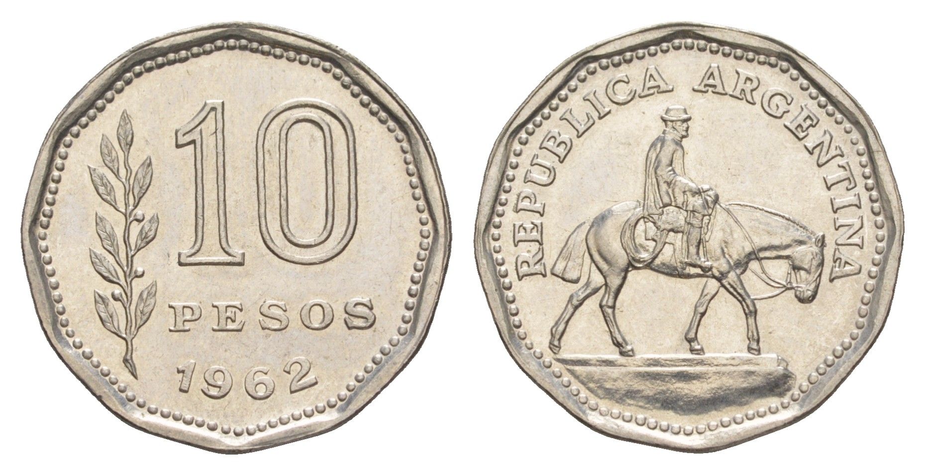 Аргентина 10 песо 1962 KM 60 сталь плакированная никелем UNC 4637-334