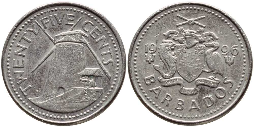 Барбадос 25 центов 1996 ветряная мельница Моргана Льюиса KM 13 медно-никель 4398-435