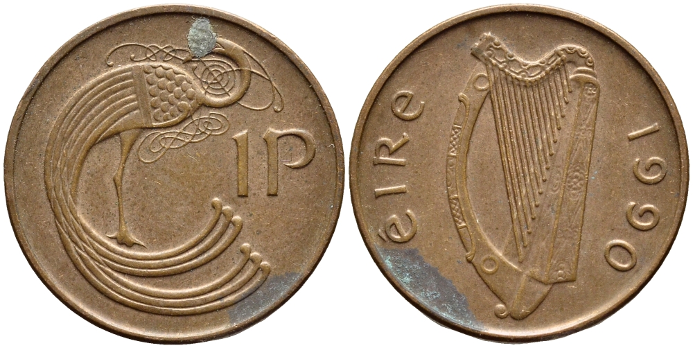 ИРЛАНДИЯ 1 ПЕННИ 1990 ПТИЧКА KM 20а сталь плакированная медью 4397-136