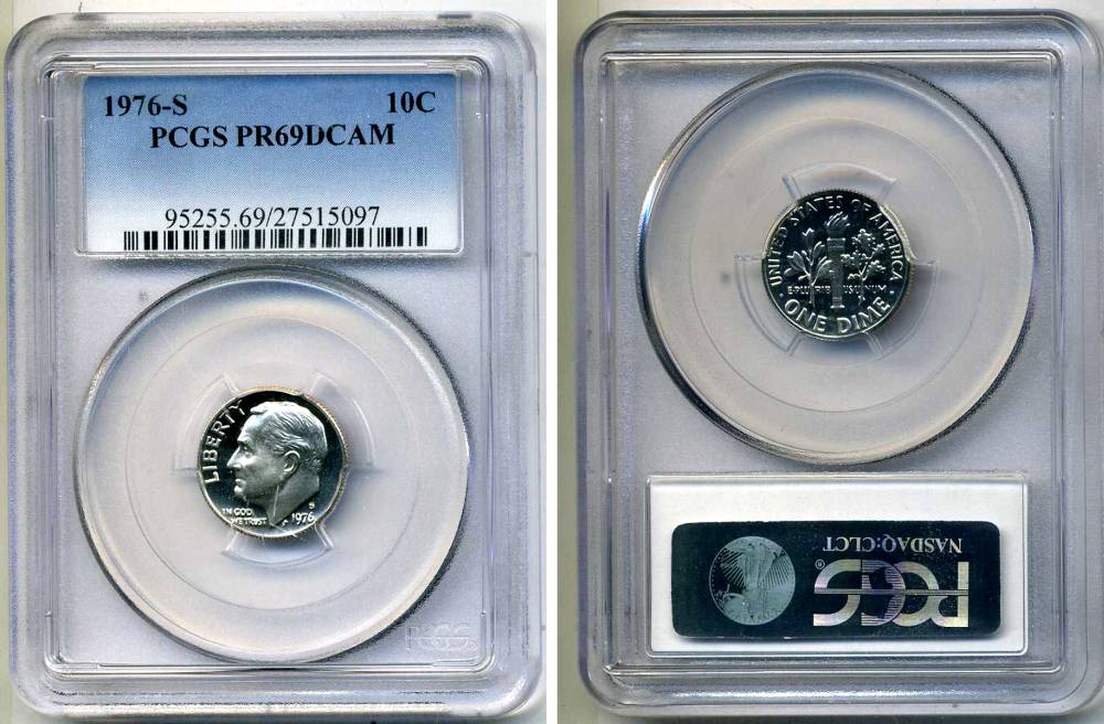 США 10 центов (дайм) 1969 S, президент Рузвельт, в слабе PCGS PR69CAM KM 195а медь плакированная медно-никелем PROOF 15-002-01