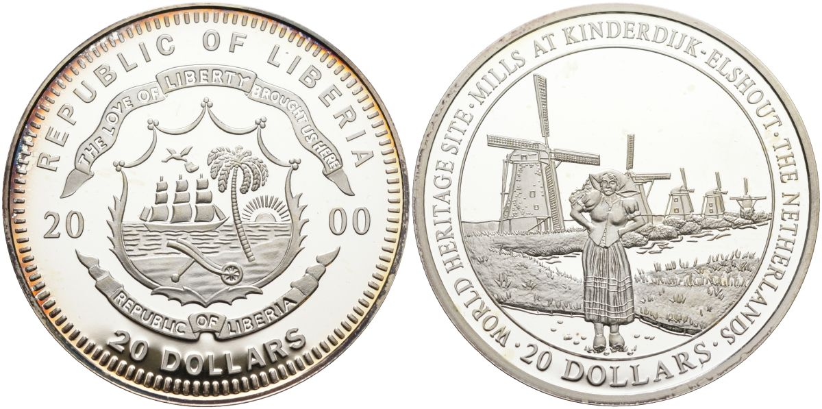 Либерия 20 долларов 2000 серия объекты всемирного наследия, ветрянные мельницы в Киндердейке, Элсхаут, Нидерланды серебро PROOF 11-155-14