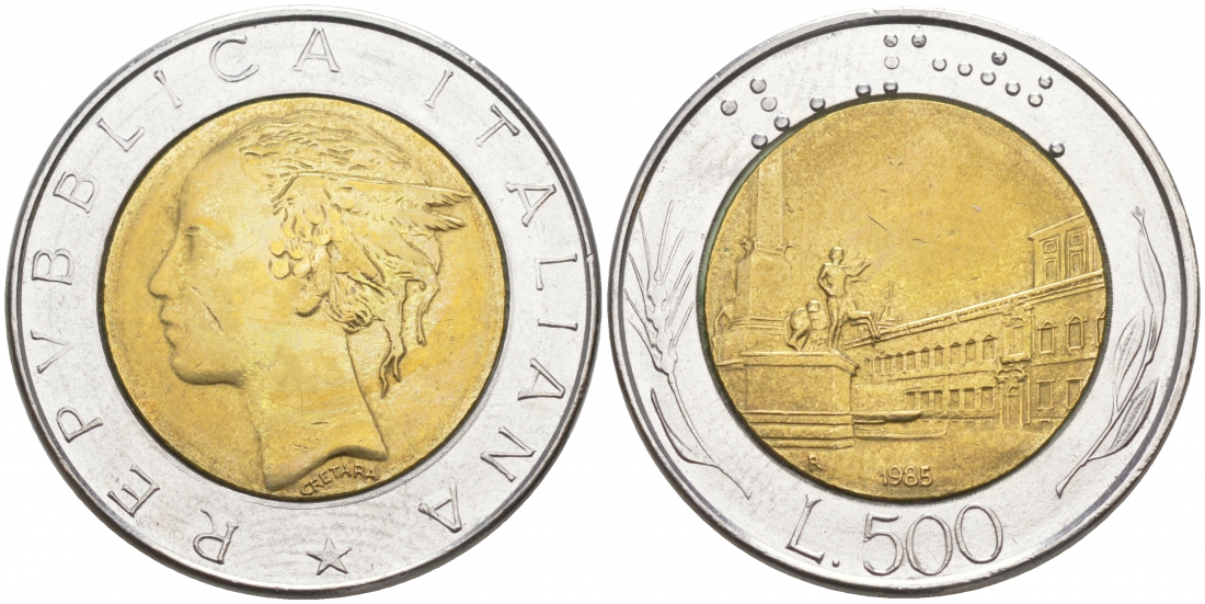 ИТАЛИЯ 500 ЛИР 1985 R KM 111 биметалл 186-234