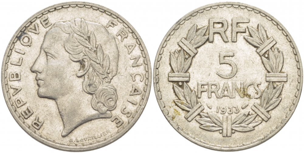 ФРАНЦИЯ 5 ФРАНКОВ 1933 KM 888 никель 4403-312