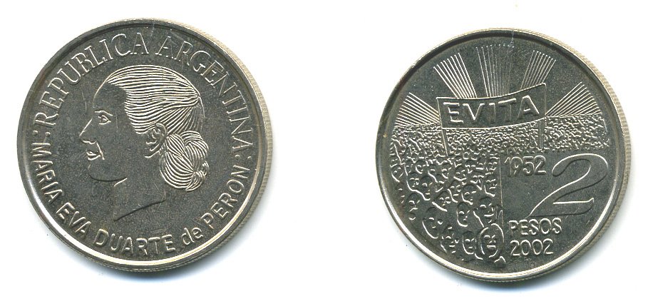 Аргентина 2 песо 2002 Мария Эва Дуарте де Перон KM 135 медно-никель UNC 37-622