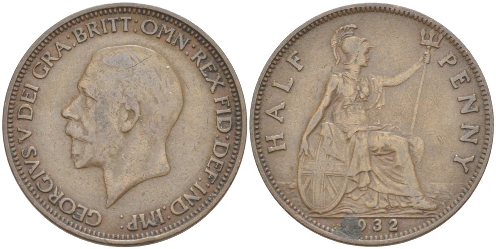 Великобритания 1/2 пенни 1932 Георг V (1910-1936) KM 837, Spink 4058 бронза 4514-633
