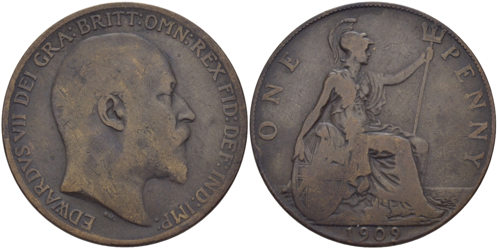Великобритания 1 пенни 1909 Эдуард VII (1901-1910) KM 794.2, Spink 3990 бронза 97-1046