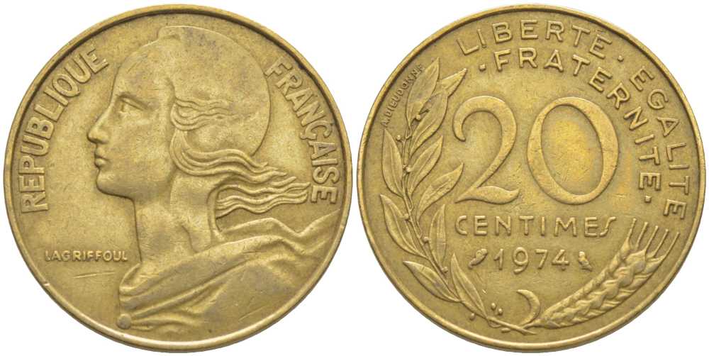 ФРАНЦИЯ 20 САНТИМОВ 1974 ТИП MARIANNE KM 930, LE FRANC 156.14 медь алюминий никель 175-835