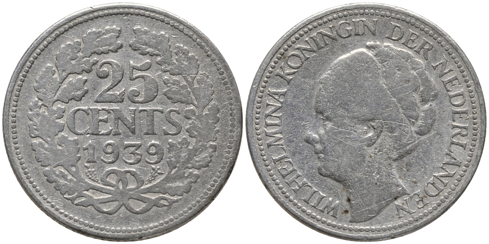 Нидерланды 25 центов 1939 Вильгельмина (1890-1948) KM 164 серебро 4387-921