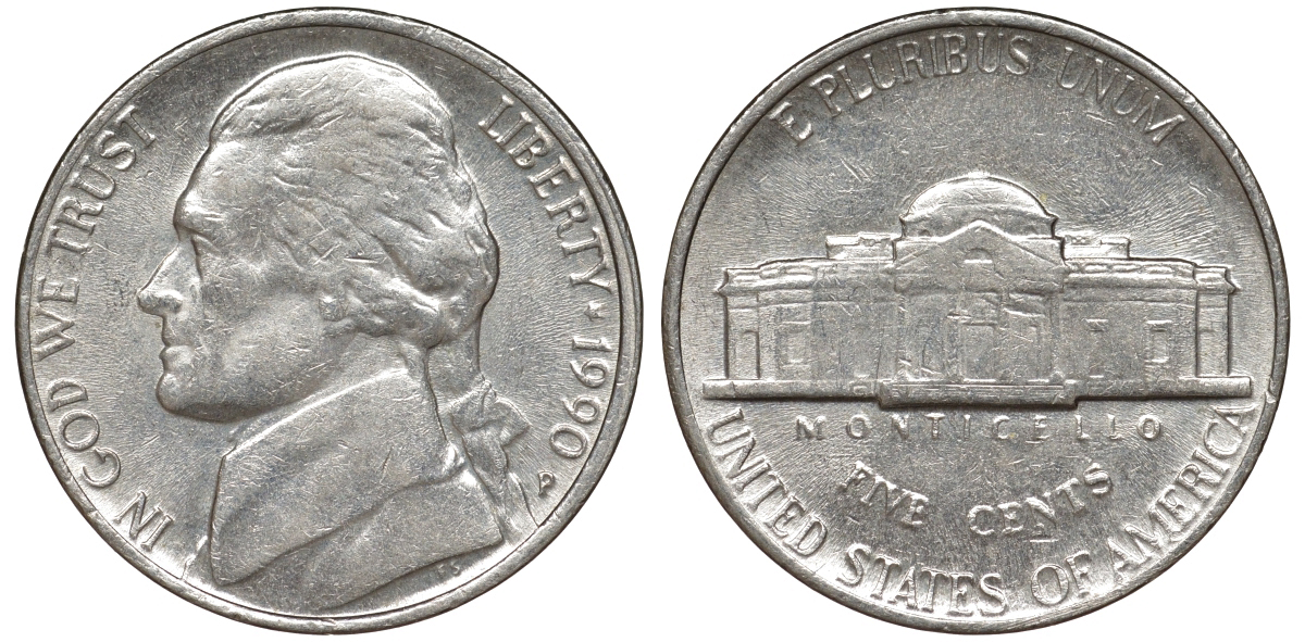 США 5 центов 1990 P, Джефферсон KM А192 медно-никель 51-1342