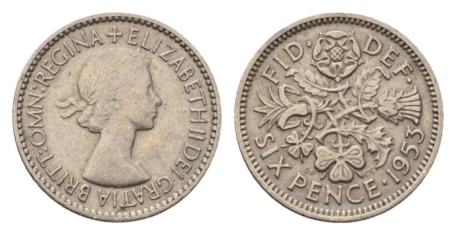 Великобритания 6 пенсов 1953 Елизавета II (1952-2022), год-тип KM 889, Spink 4141 медно-никель 4696-818