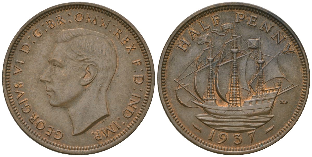Великобритания 1/2 пенни 1937 Георг VI (1936-1952) KM 844, Spink 4115 бронза aUNC 4163-1057