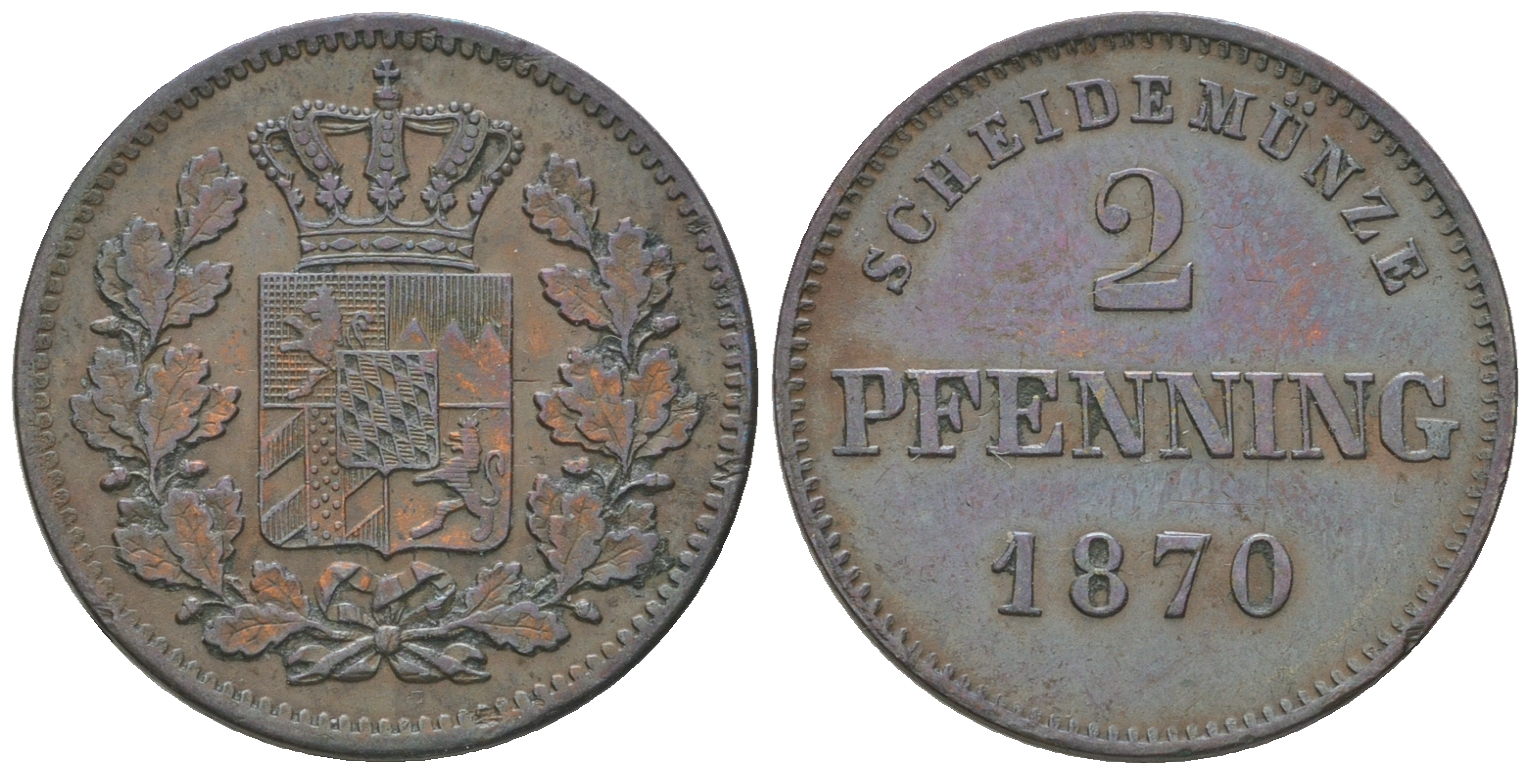 Бавария 2 пфеннига 1870 Людвиг II (1864-1886) KM 472, Jaeger 92, AKS 184 медь 54-825
