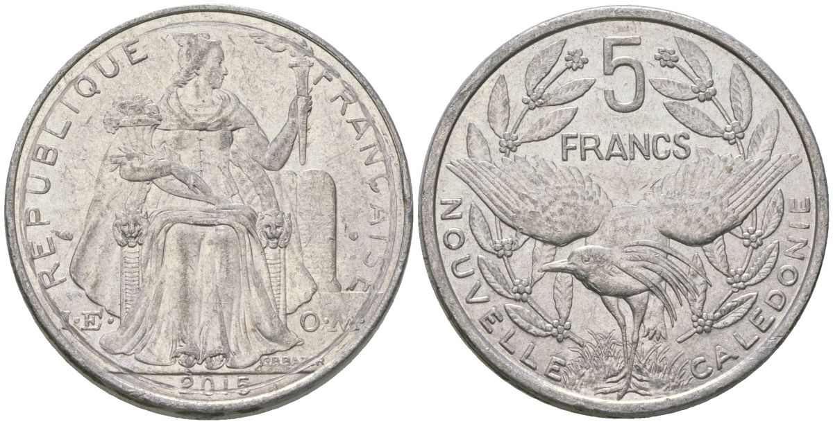 Французская Новая Каледония 5 франков 2015 птица кагу, (IEOM) KM 16, Schoen 12, Lec 81k алюминий 4117-1113