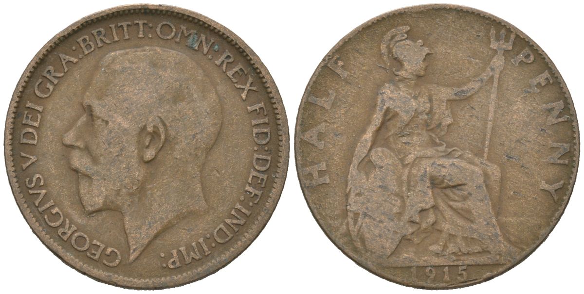 Великобритания 1/2 пенни 1915 Георг V (1910-1936) KM 809, Spink 4056 бронза 4616-731