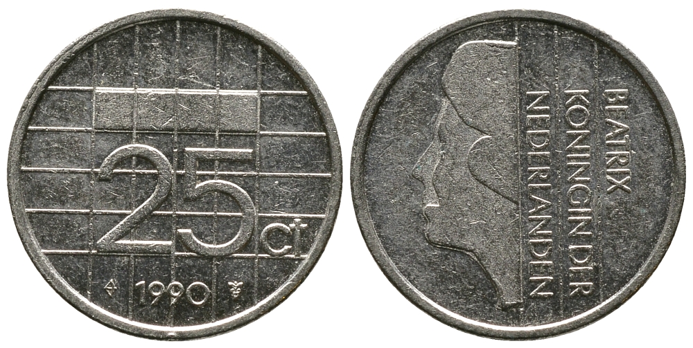НИДЕРЛАНДЫ 25 ЦЕНТОВ 1990 БЕАТРИКС KM 204 никель 73-1137