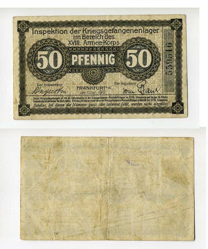 Германия 50 пфеннигов 1917 инспекция лагерей военнопленных в Франкфурте на Майне, XVIII-ий Армейский корпус, январь C-2957 бумага 504-82-1-1
