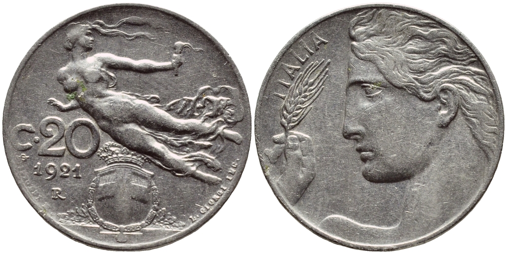 Италия 20 чентезимо 1921 R, Виктор Эммануил III (1900-1946) KM 44 никель 4398-221
