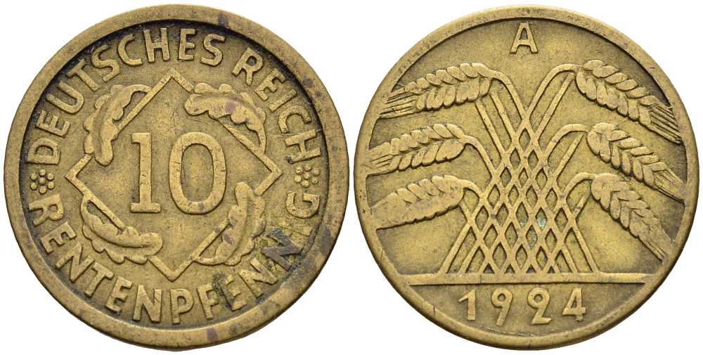 ГЕРМАНИЯ 10 РЕНТЕНПФЕННИГОВ 1924 А KM 33, J. 309 алюминиевая бронза 4401-346
