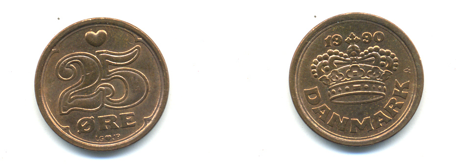ДАНИЯ 25 ЭРЕ 1990 LG; JP; A, МАРГРЕТЕ II (1972-) KM 868.1 бронза UNC 4379-643