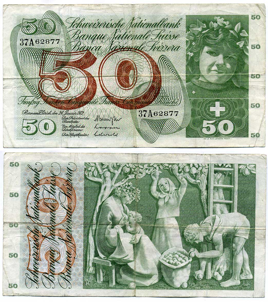 Швейцария 50 франков 1972 Brenno Galli - Stopper - Aebersold Pick 48 i (1) бумага 451-254-2