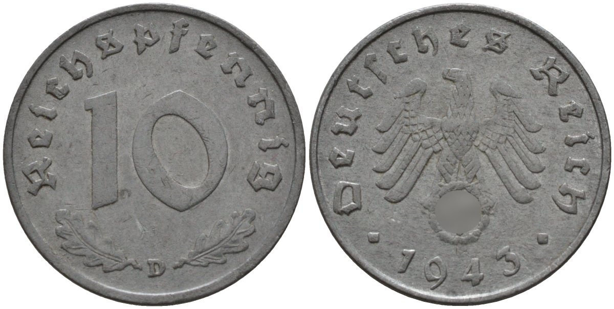Германия 10 рейхспфеннигов 1943 D KM 101, J.371 цинк 4151-247