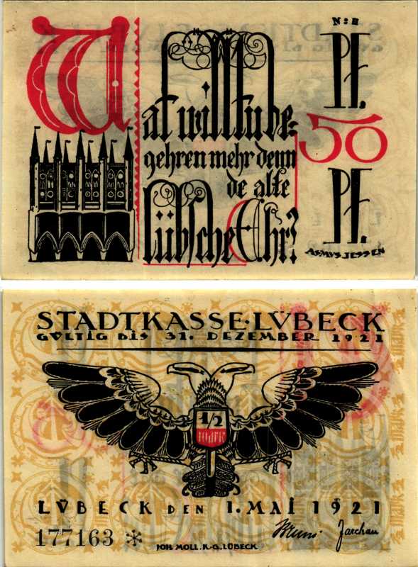 ЛЮБЕК, ГЕРМАНИЯ 50 ПФЕННИГОВ 1921 НОТГЕЛЬД, 1 МАЯ 1921, ЗЕМЛЯ ШЛЕЗВИГ-ГОЛЬШТЕЙН, БУКВА W ARNOLD KELLER 831.2 бумага 7551-6-3-1