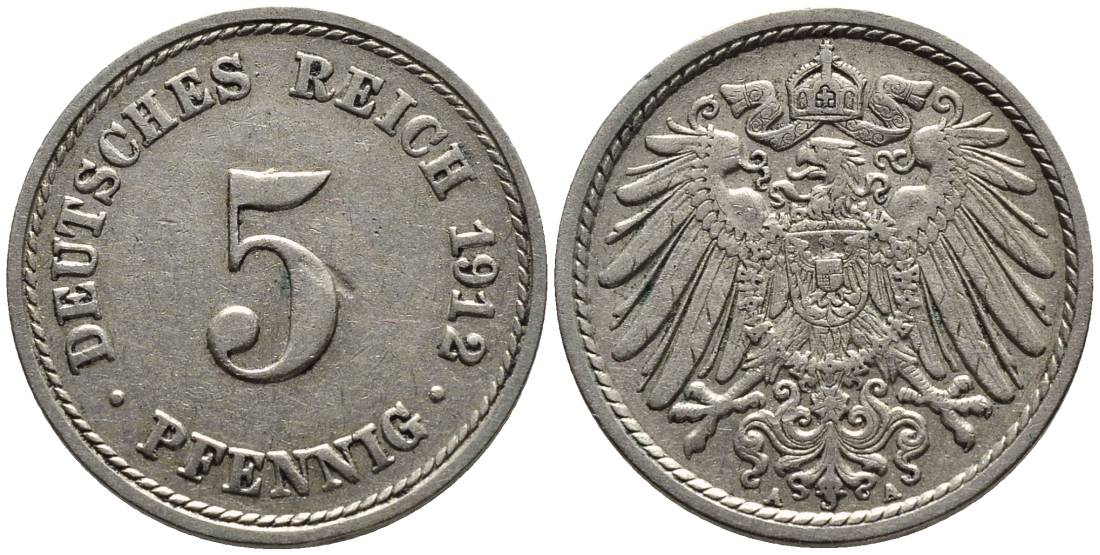 ГЕРМАНИЯ 5 ПФЕННИГОВ 1912 A KM 11, Jager 12, Weege 6 медно-никель 4547-527