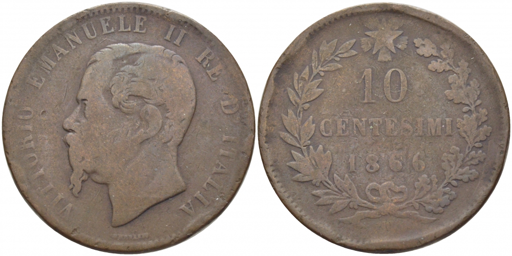 ИТАЛИЯ 10 ЧЕНТЕЗИМО 1866 ВИКТОР ЭММАНУИЛ II (1861-1878) KM 11.2 бронза 114-633